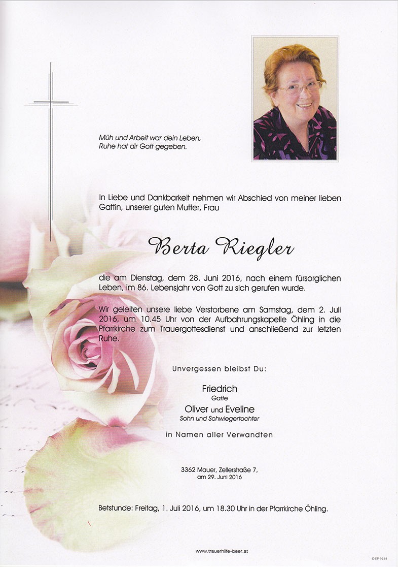 Traueranzeige von Berta Riegler