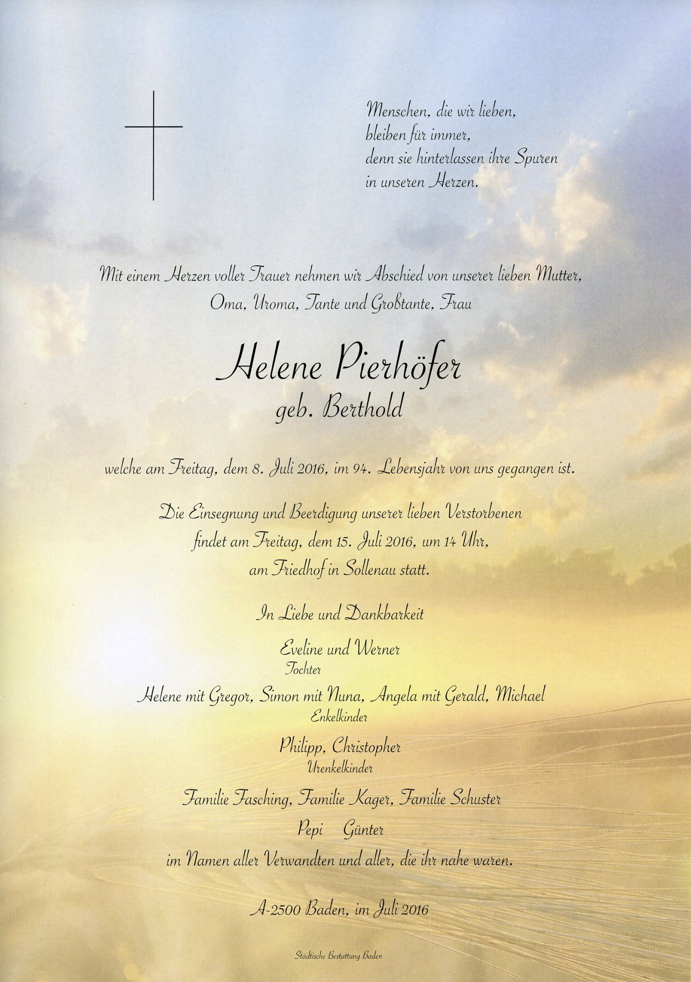 Traueranzeige von Helene Pierhöfer