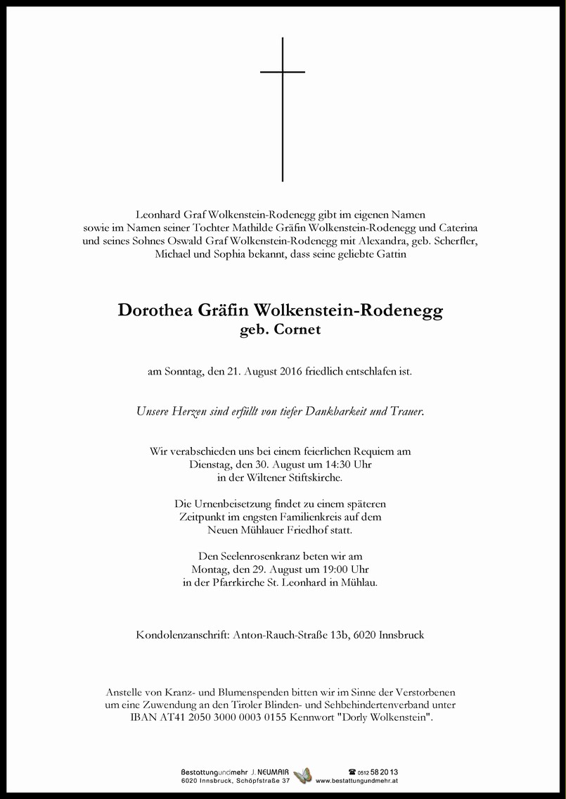 Traueranzeige von Dorothea Wolkenstein-Rodenegg