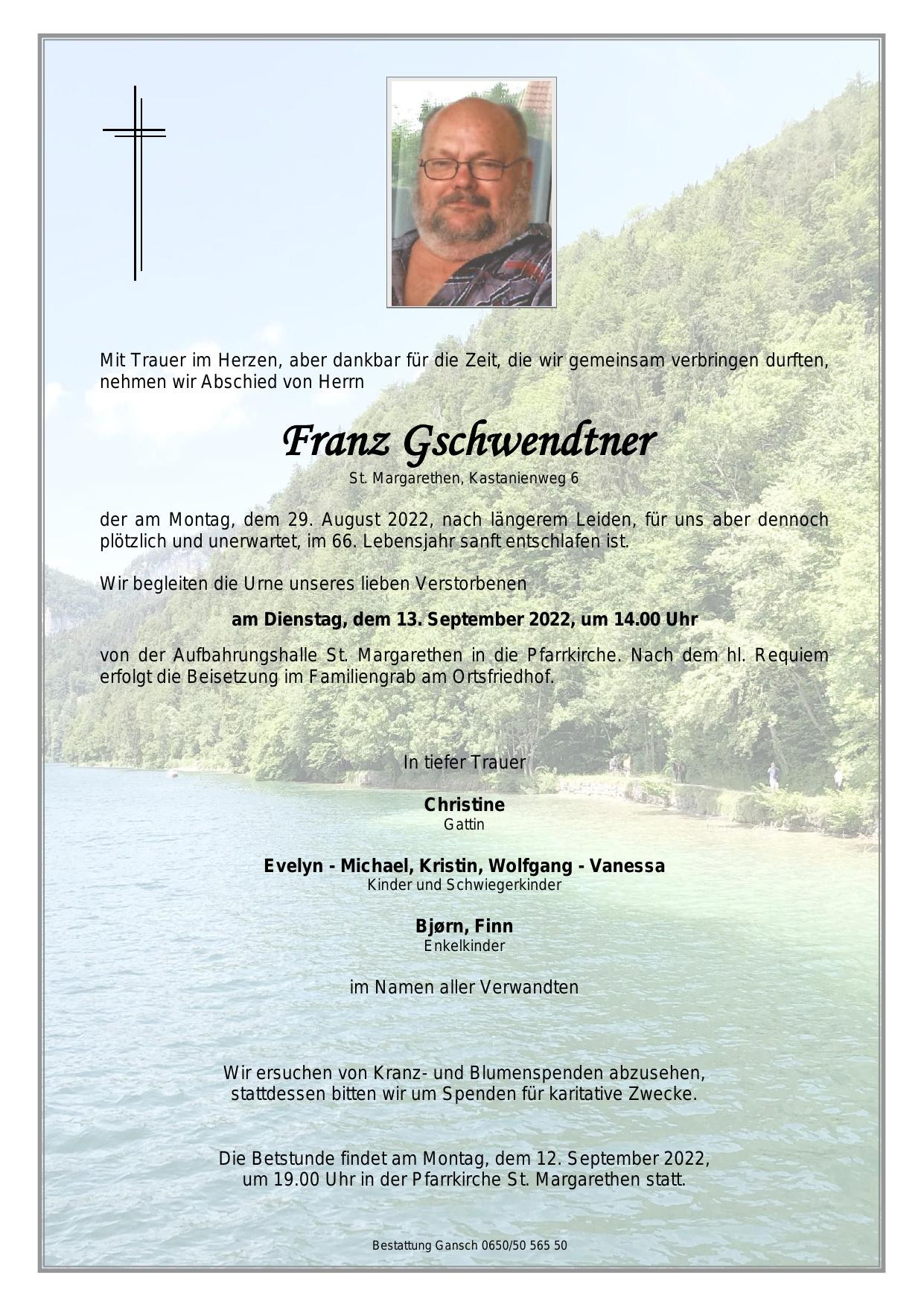 Traueranzeige von Franz Gschwendtner