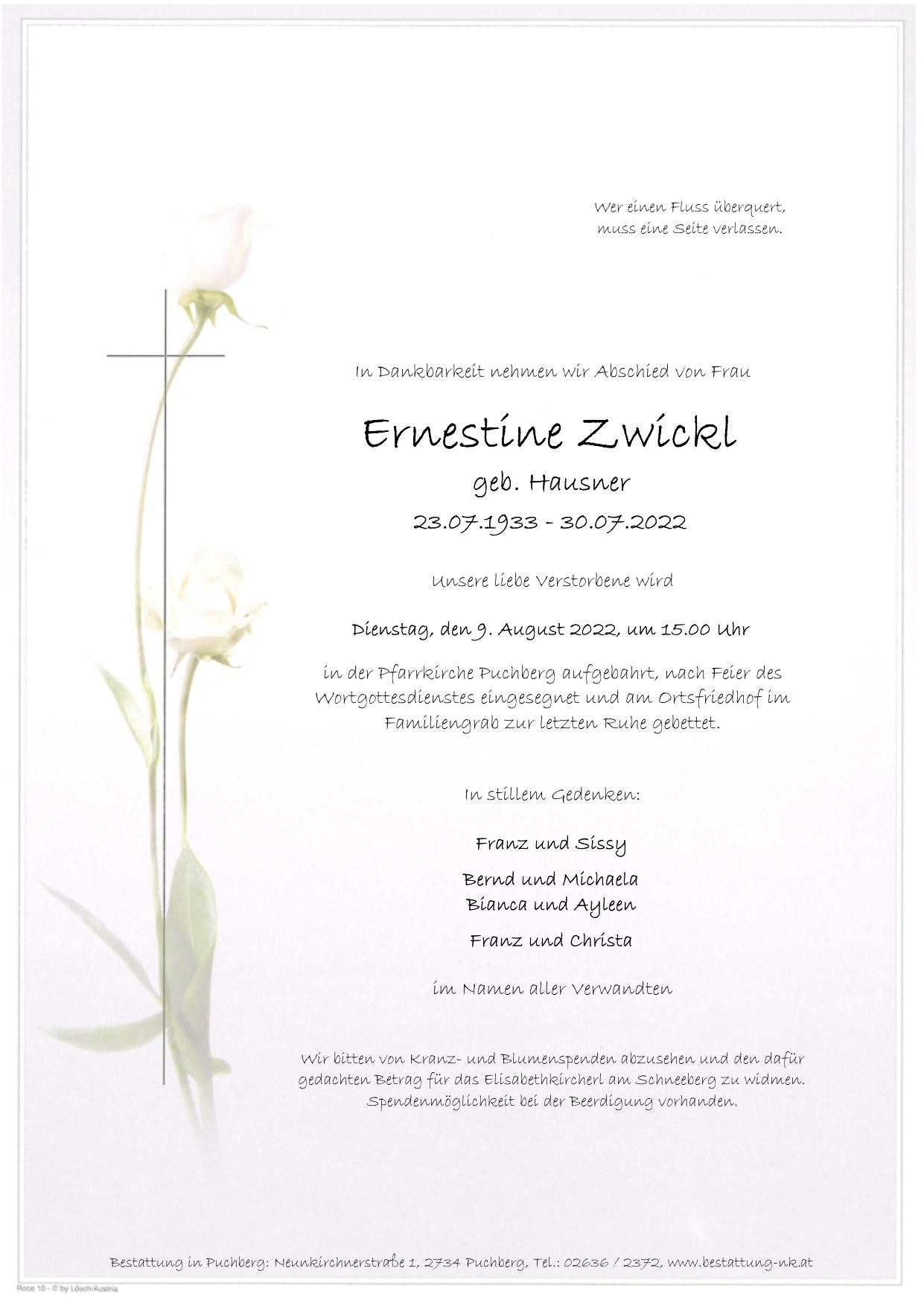 Traueranzeige von Ernestine Zwickl