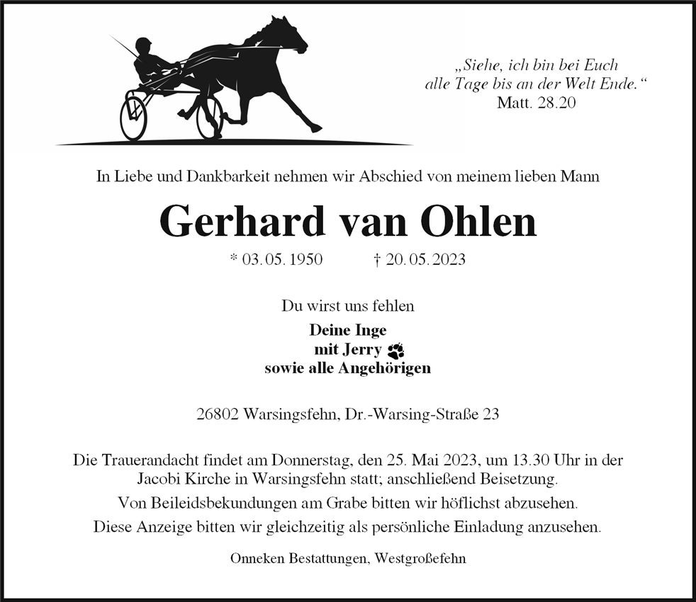 Traueranzeige von Gerhard van Ohlen