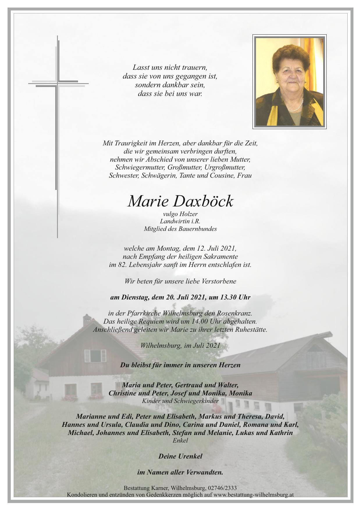 Traueranzeige von Marie Daxböck