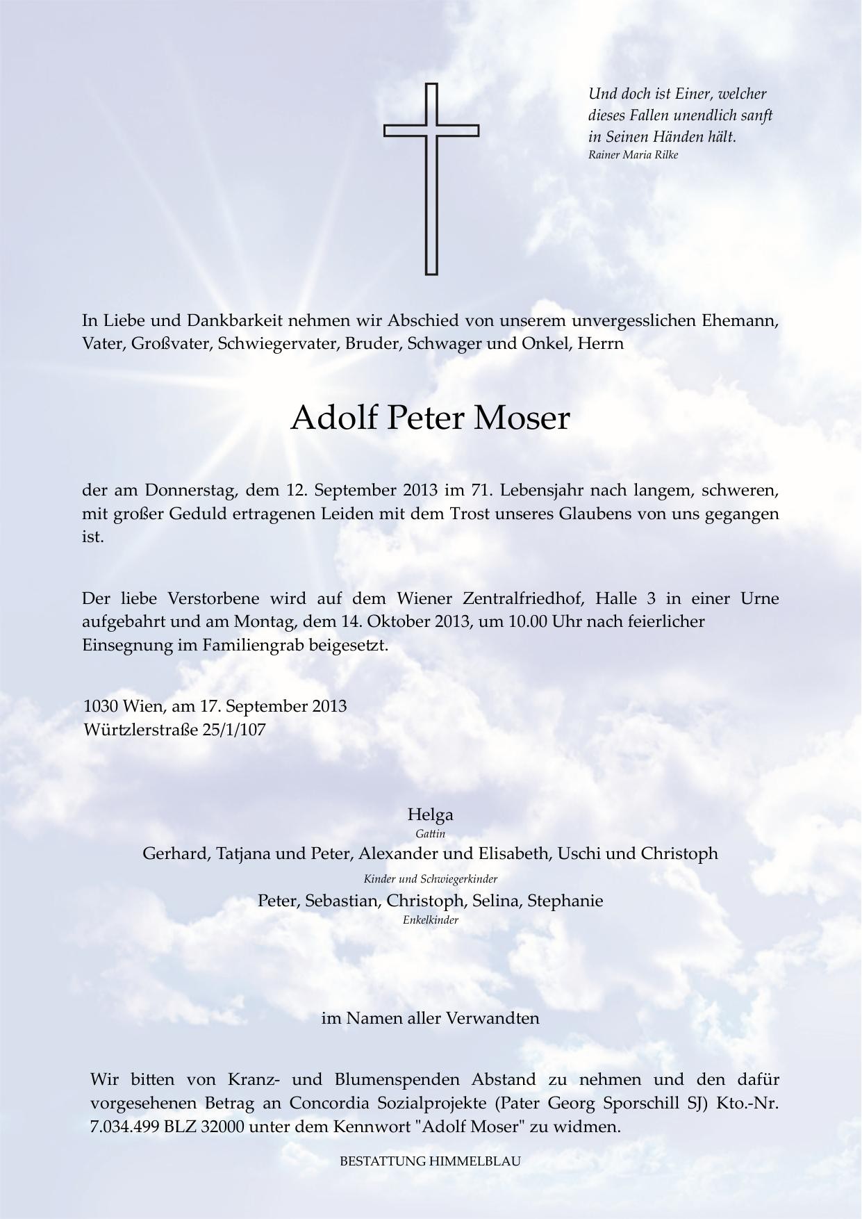 Traueranzeige von Adolf Peter Moser
