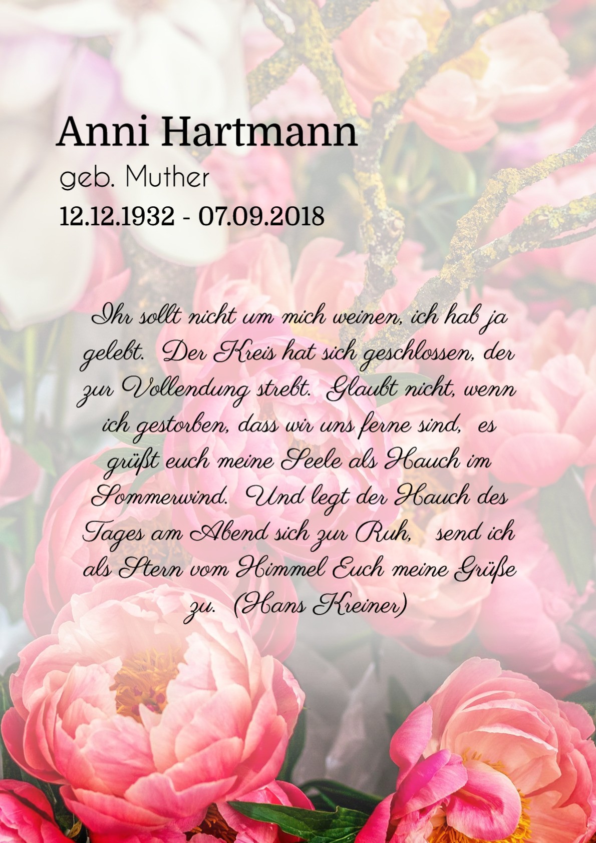 Traueranzeige von Anni Hartmann