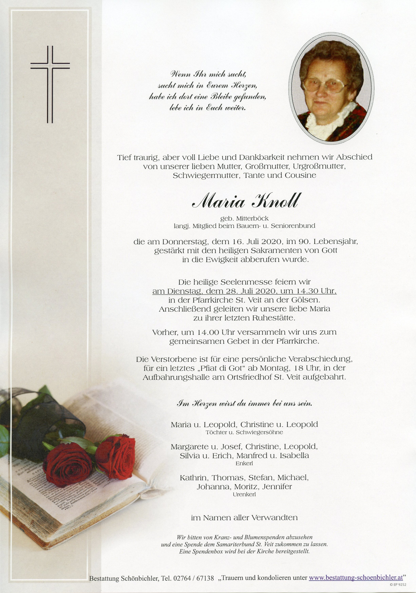 Traueranzeige von Maria Knoll