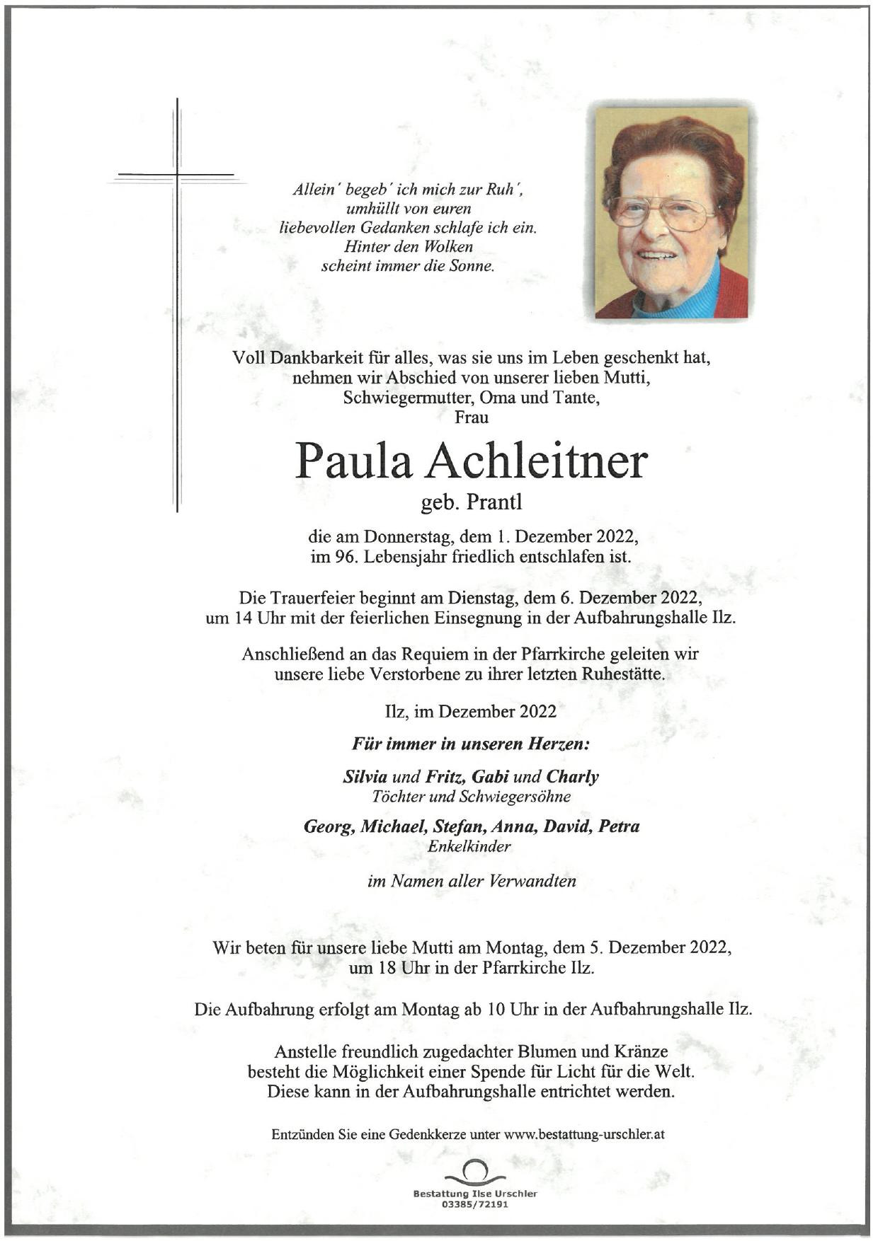 Traueranzeige von Paula Achleitner