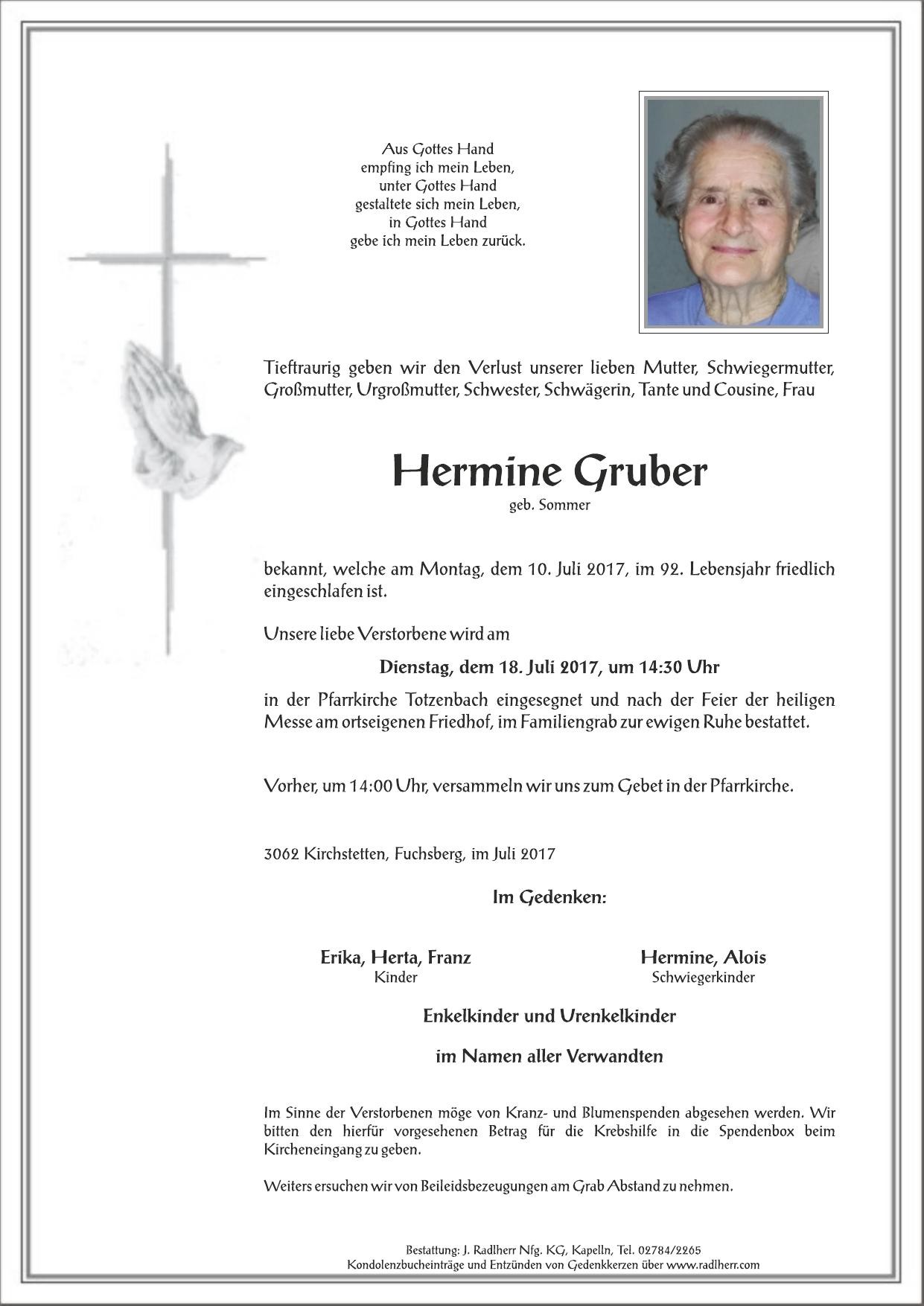 Traueranzeige von Hermine Gruber