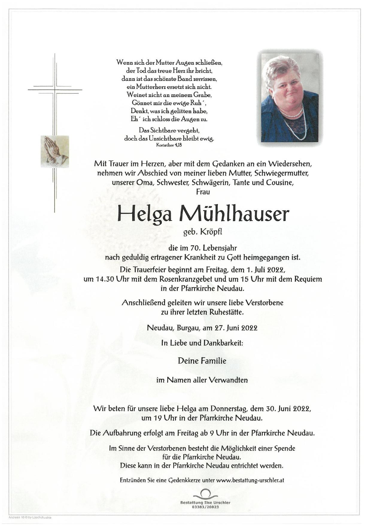 Traueranzeige von Helga Mühlhauser