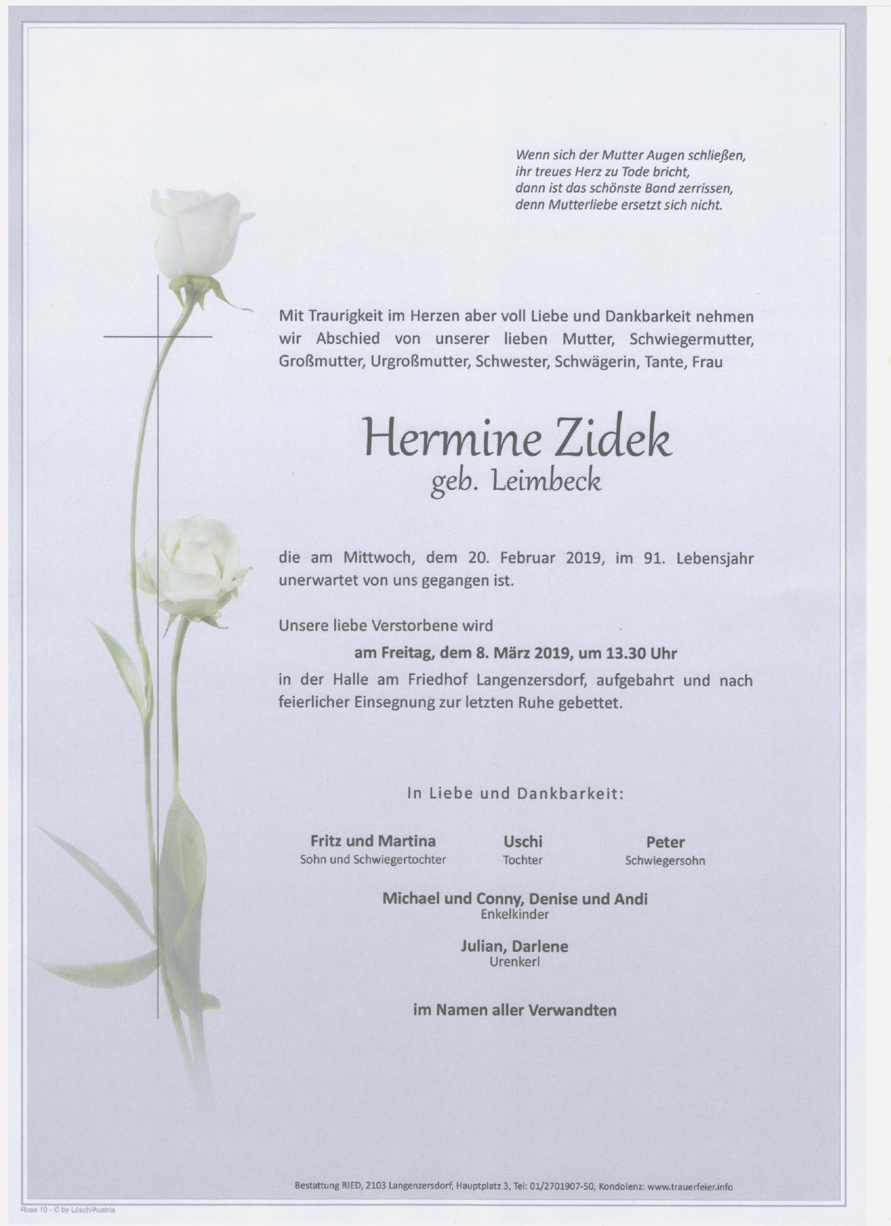 Traueranzeige von Hermine Zidek