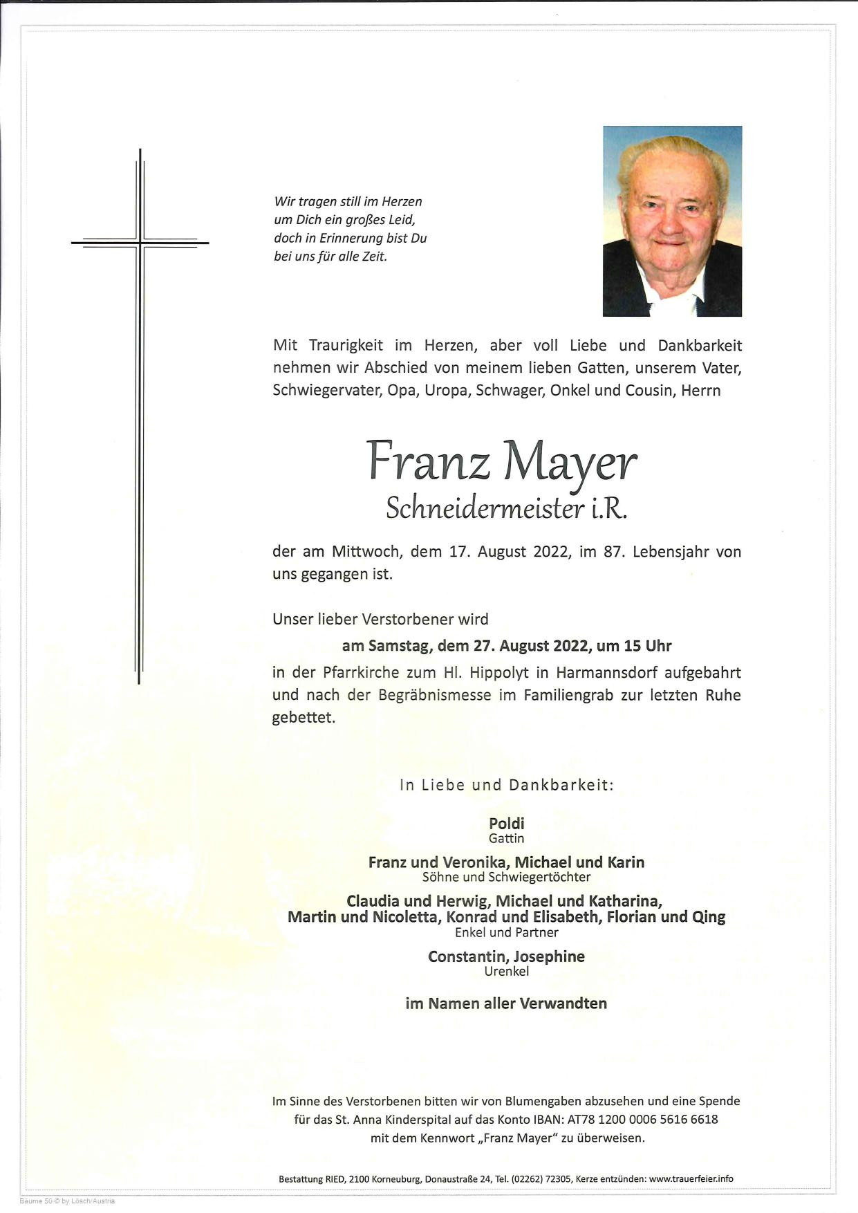 Traueranzeige von Franz Mayer