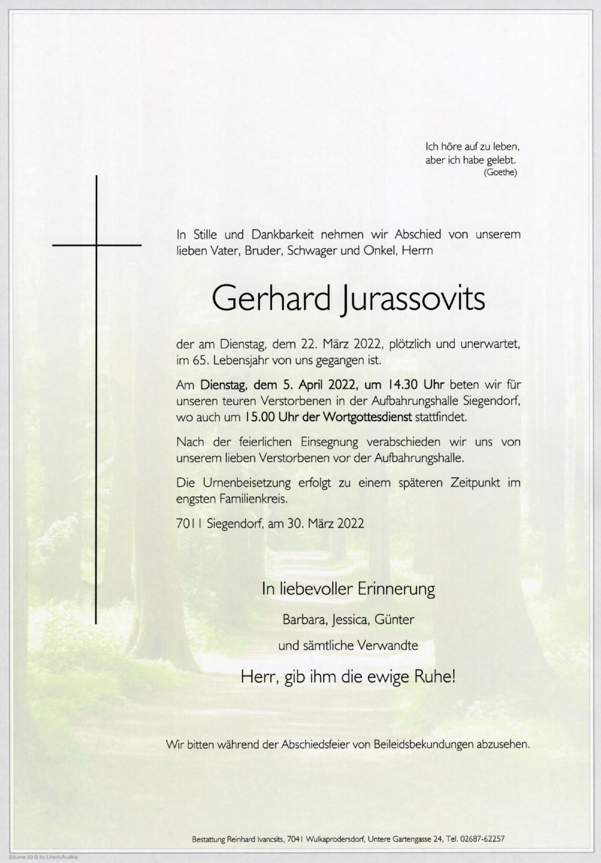 Traueranzeige von Gerhard Jurassovits
