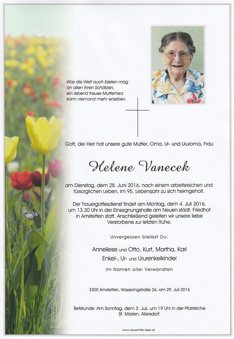 Traueranzeige von Helene Vanecek