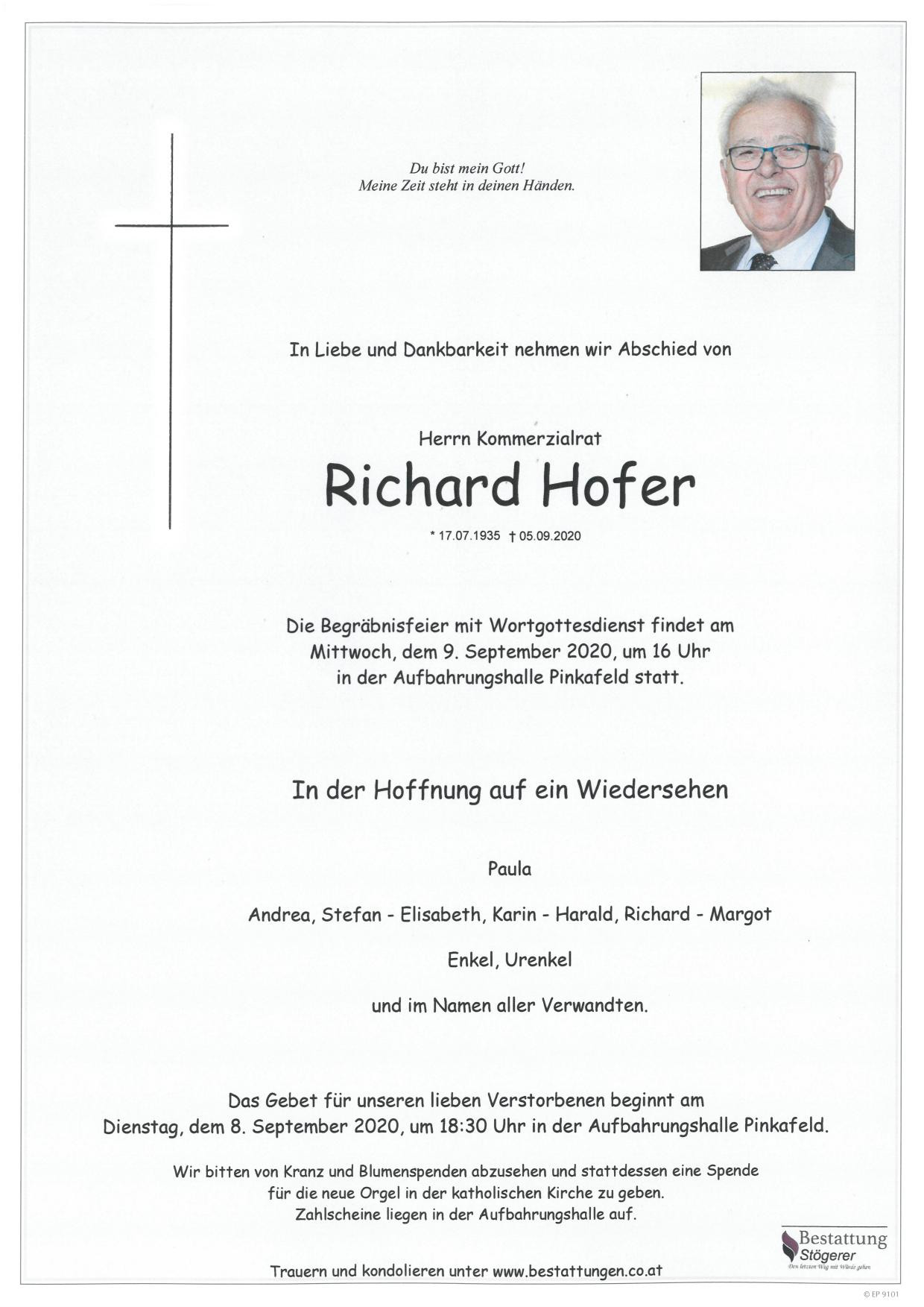 Traueranzeige von Kommerzialrat Richard Hofer