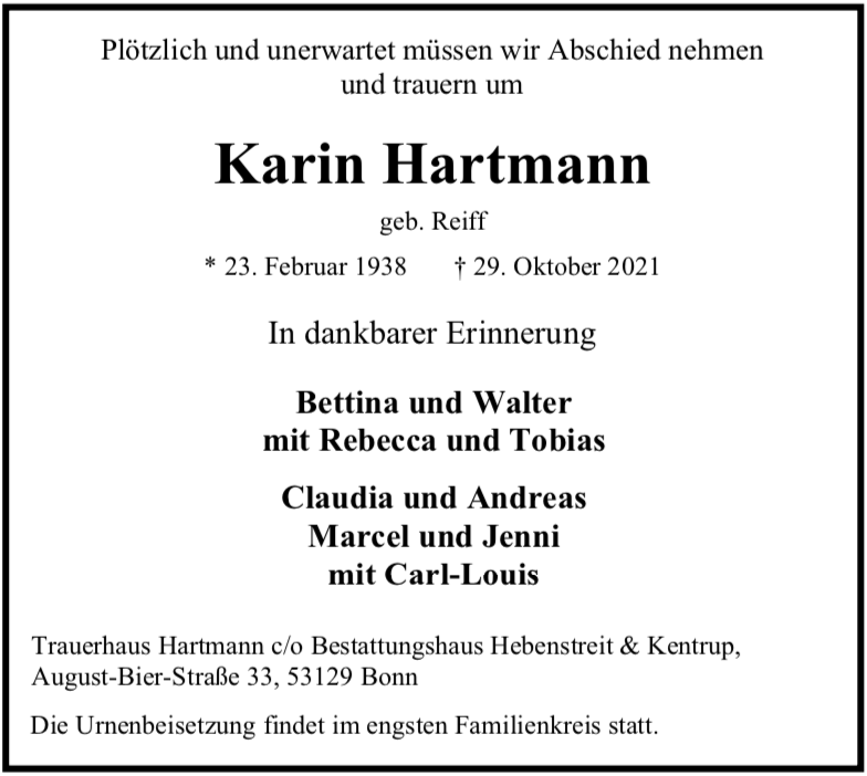 Traueranzeige von Karin Hartmann