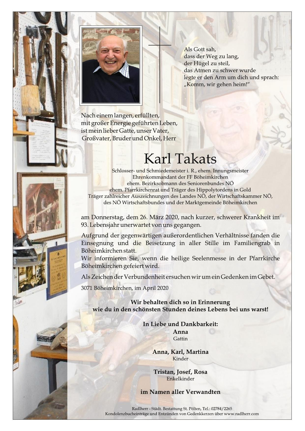 Traueranzeige von Karl Takats