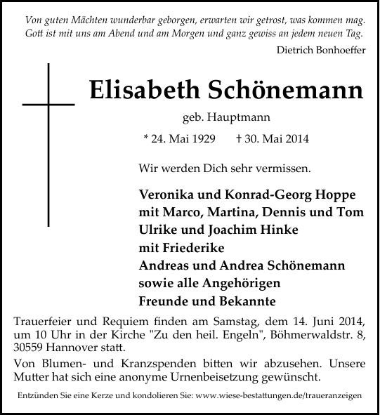 Traueranzeige von Elisabeth Schönemann