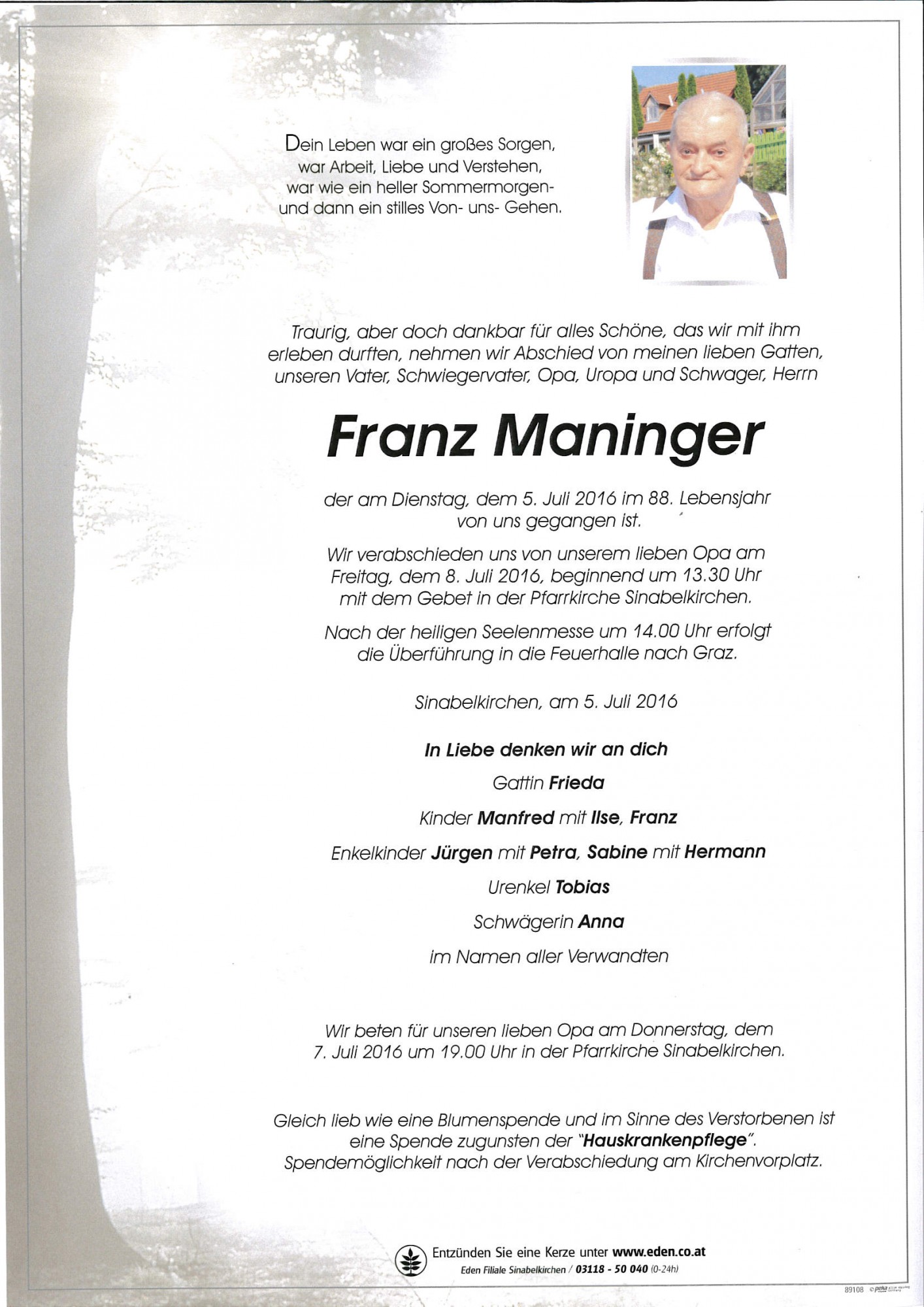 Traueranzeige von Franz Maninger
