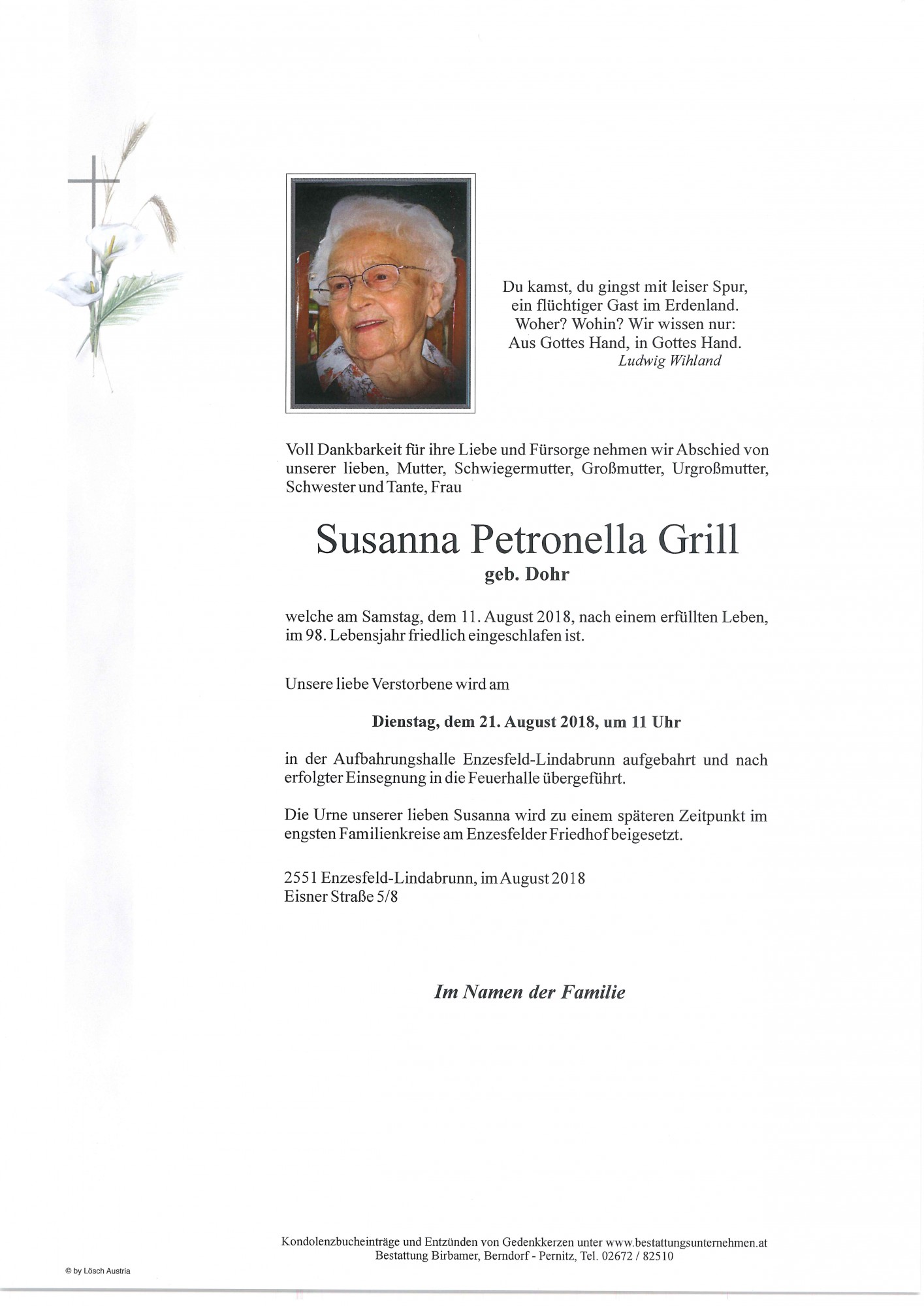 Traueranzeige von Susanna Petronella Grill