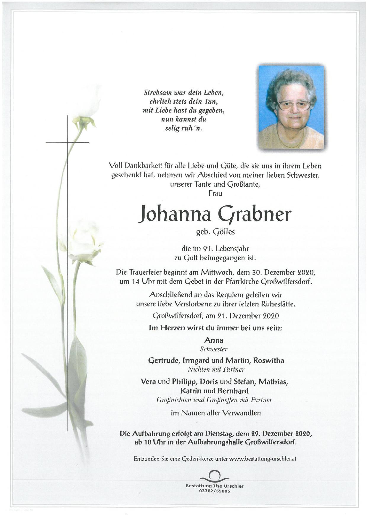 Traueranzeige von Johanna Grabner