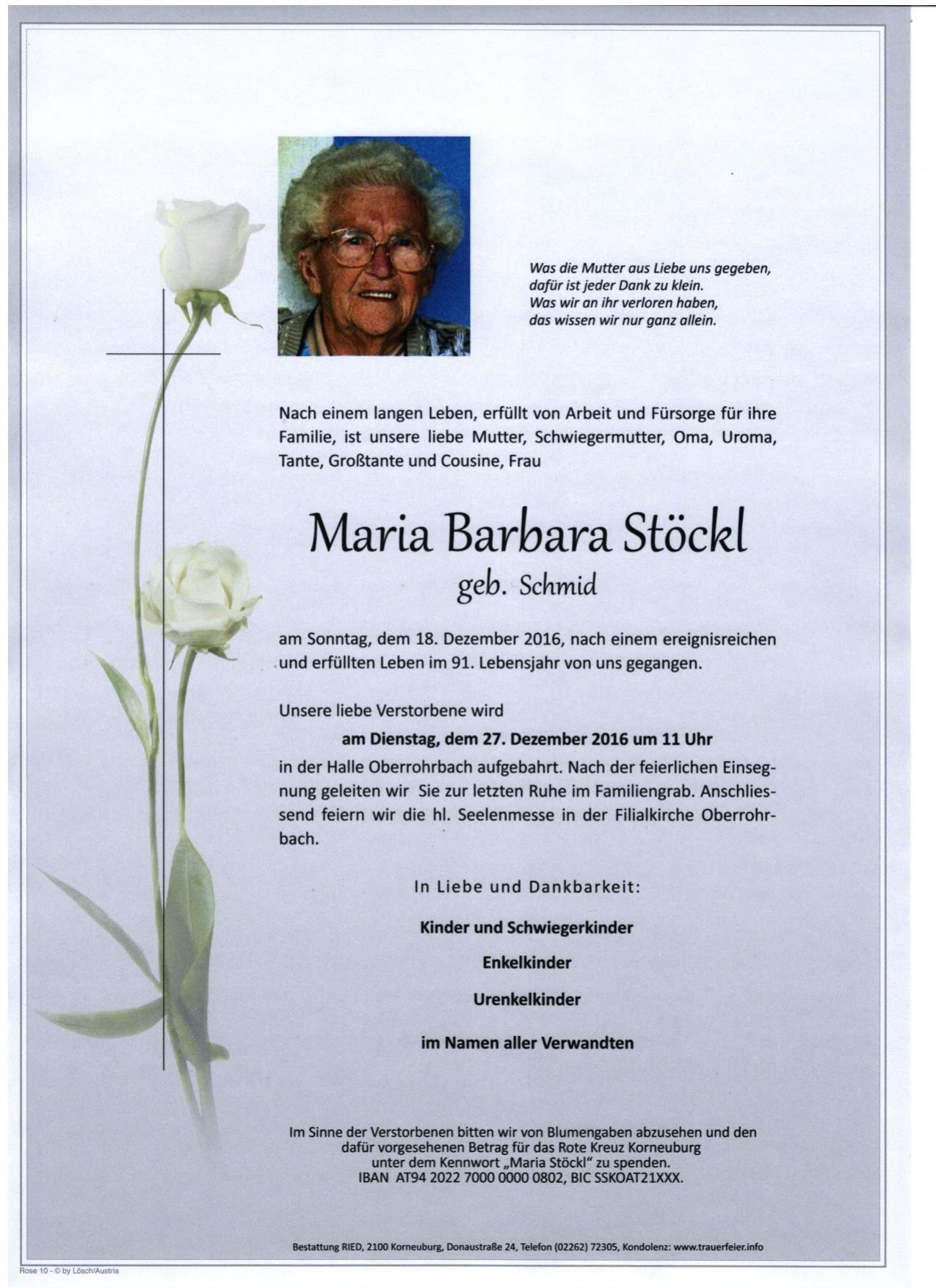 Traueranzeige von Maria Barbara Stöckl