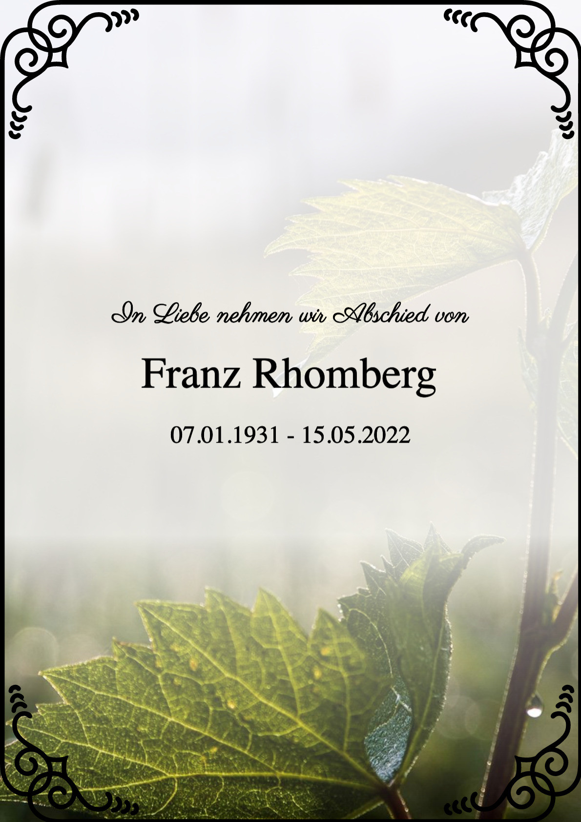 Traueranzeige von Franz Rhomberg