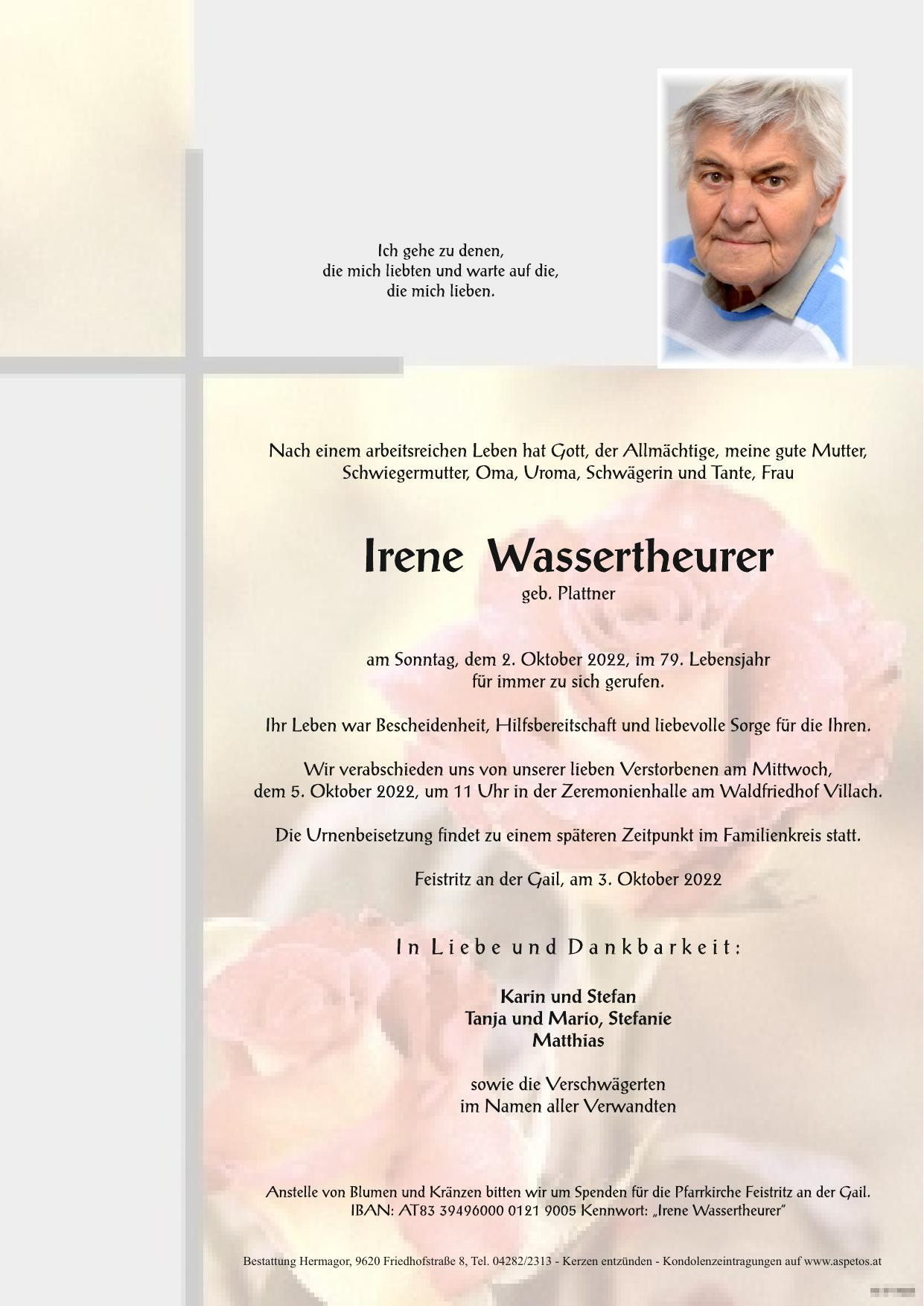 Traueranzeige von Irene Wassertheurer
