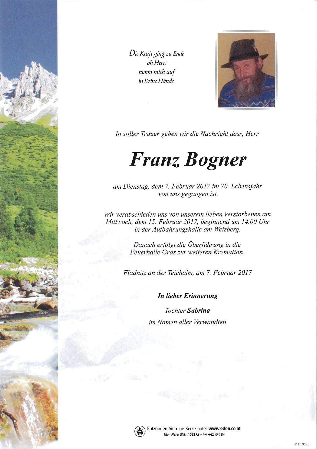 Traueranzeige von Franz Bogner
