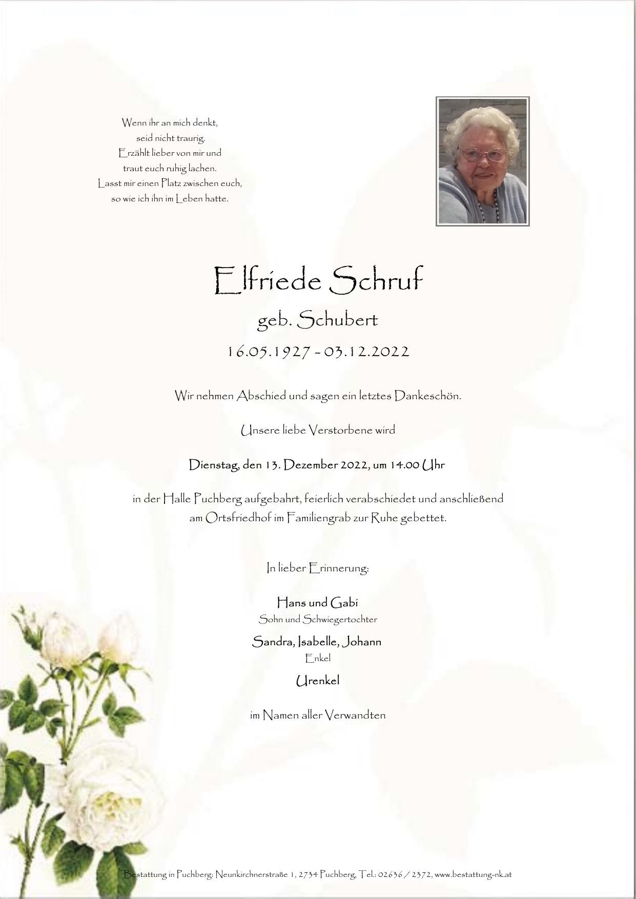 Traueranzeige von Elfriede Schruf