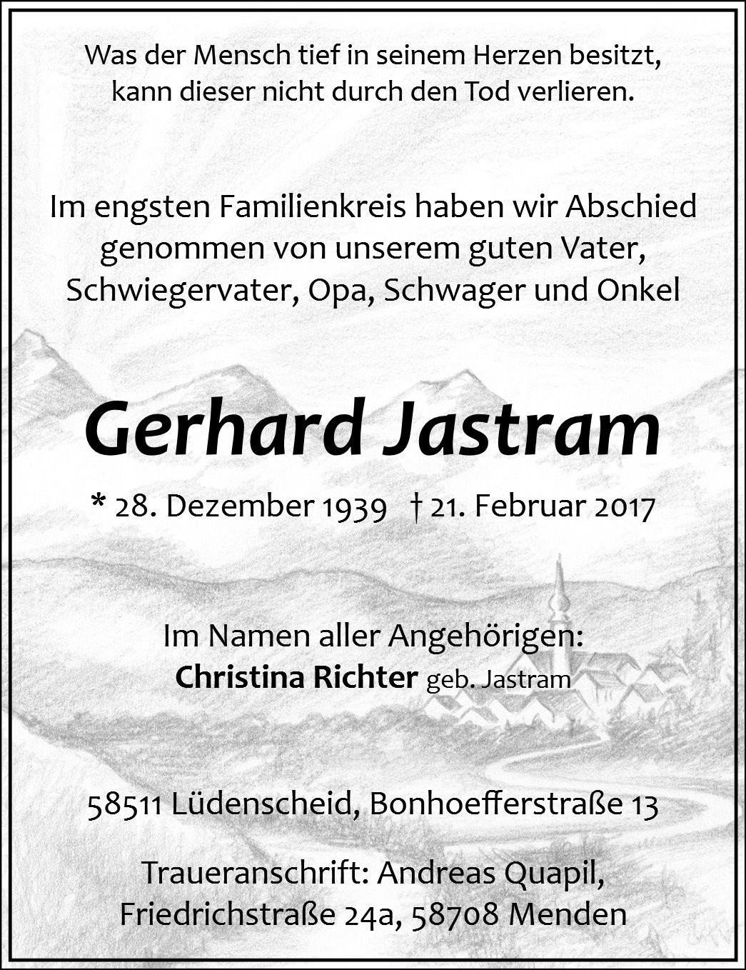 Traueranzeige von Gerhard Jastram