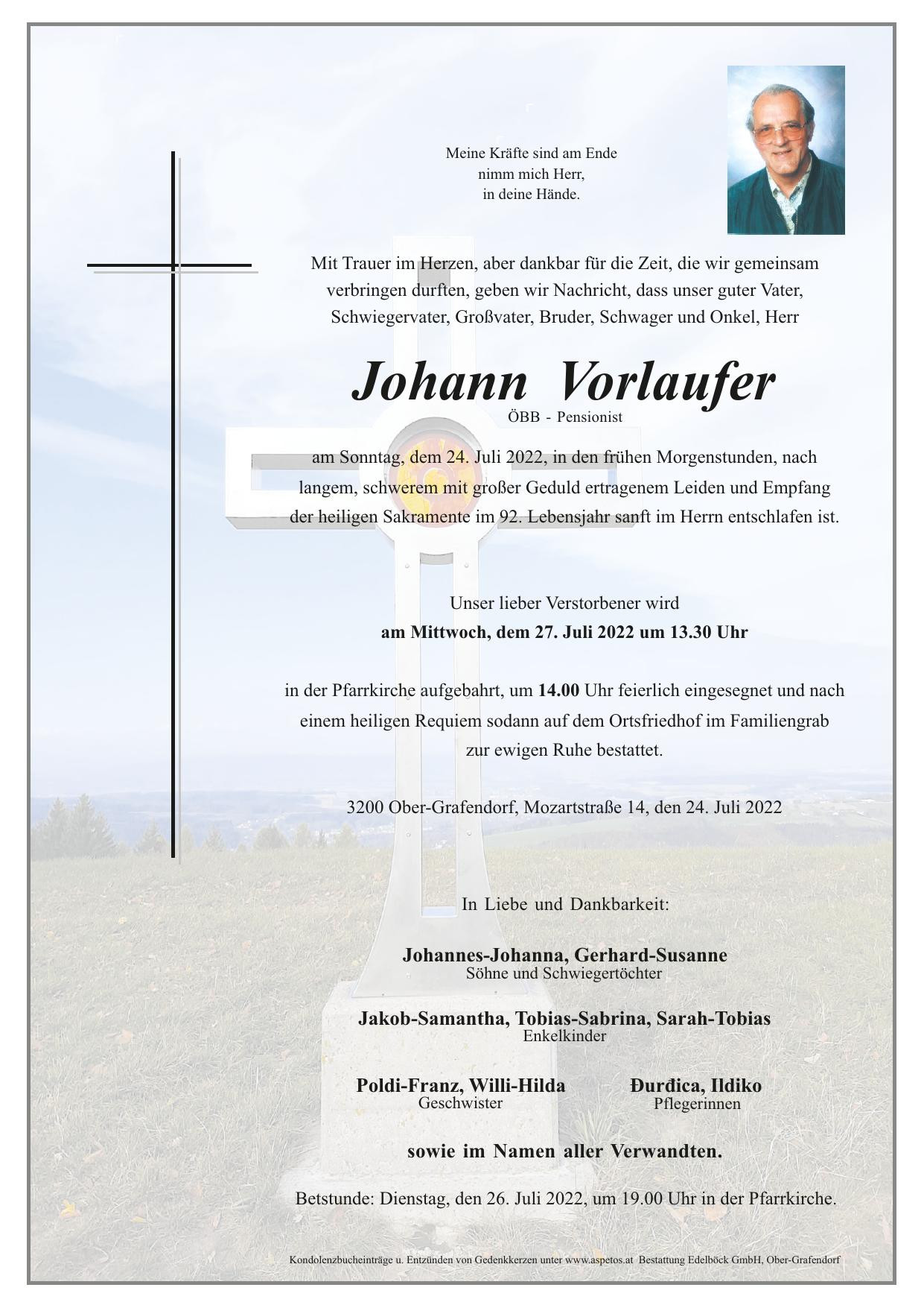 Traueranzeige von Johann Vorlaufer