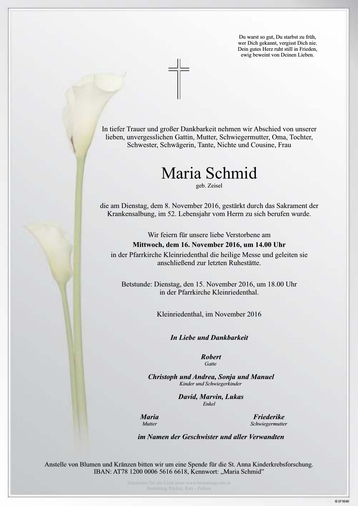 Traueranzeige von Maria Schmid