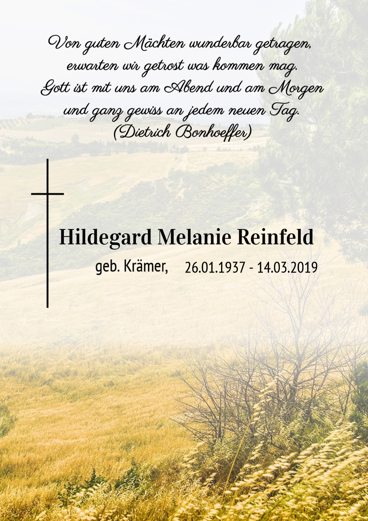 Traueranzeige von Hildegard Melanie Reinfeld