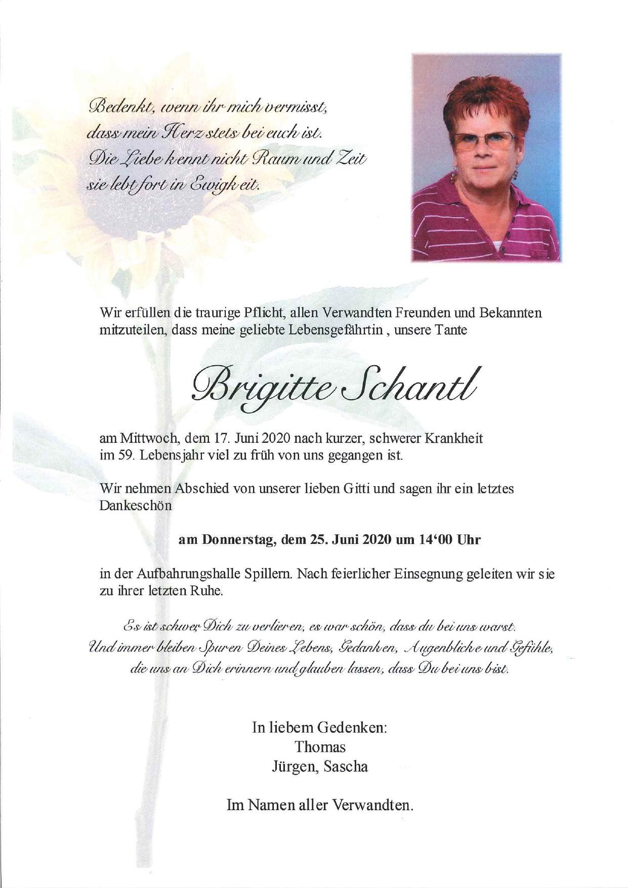 Traueranzeige von Brigitte Schantl