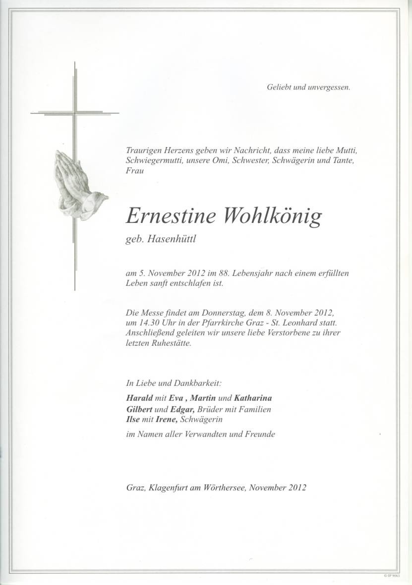 Traueranzeige von Ernestine Wohlkönig