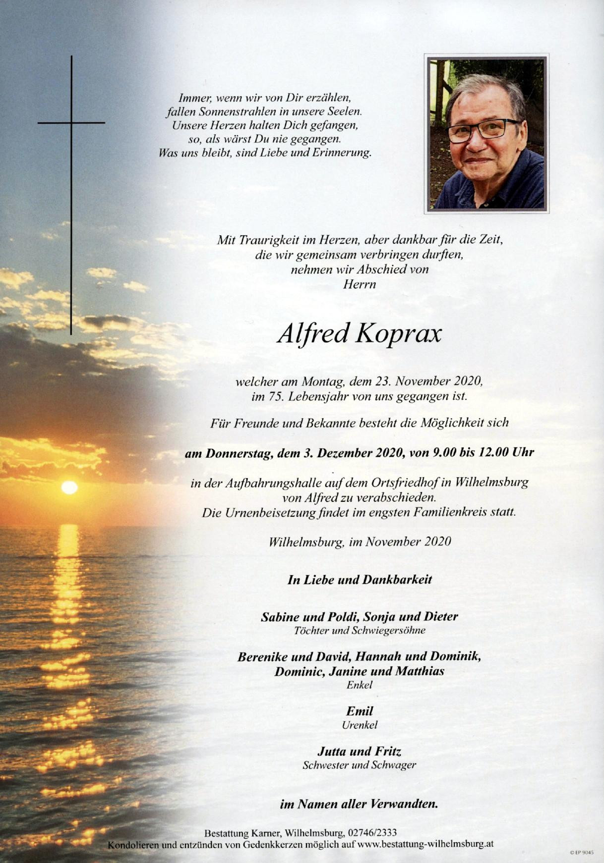 Traueranzeige von Alfred Koprax