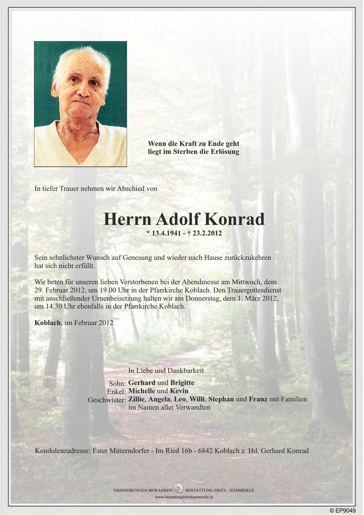 Traueranzeige von Adolf Konrad