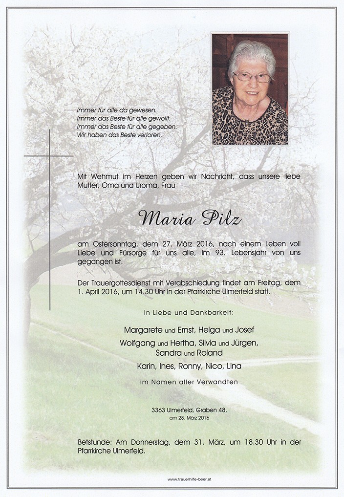 Traueranzeige von Maria Pilz