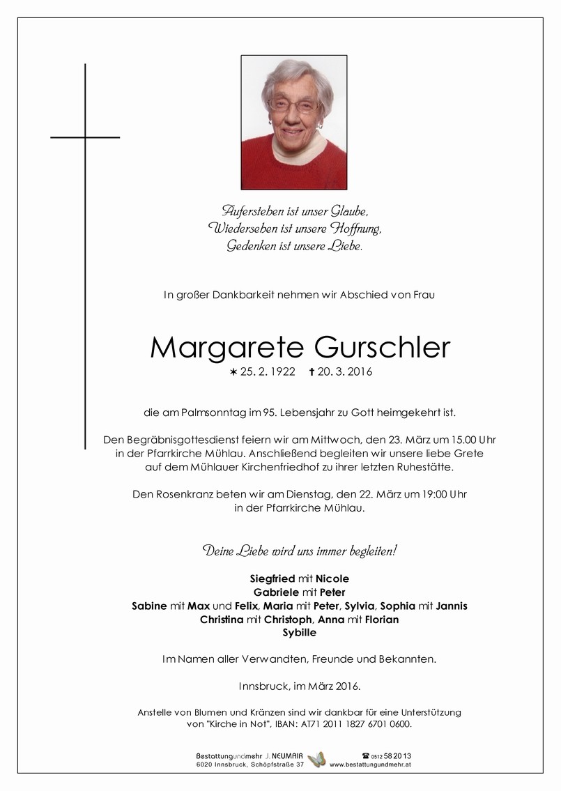 Traueranzeige von Margarete Gurschler