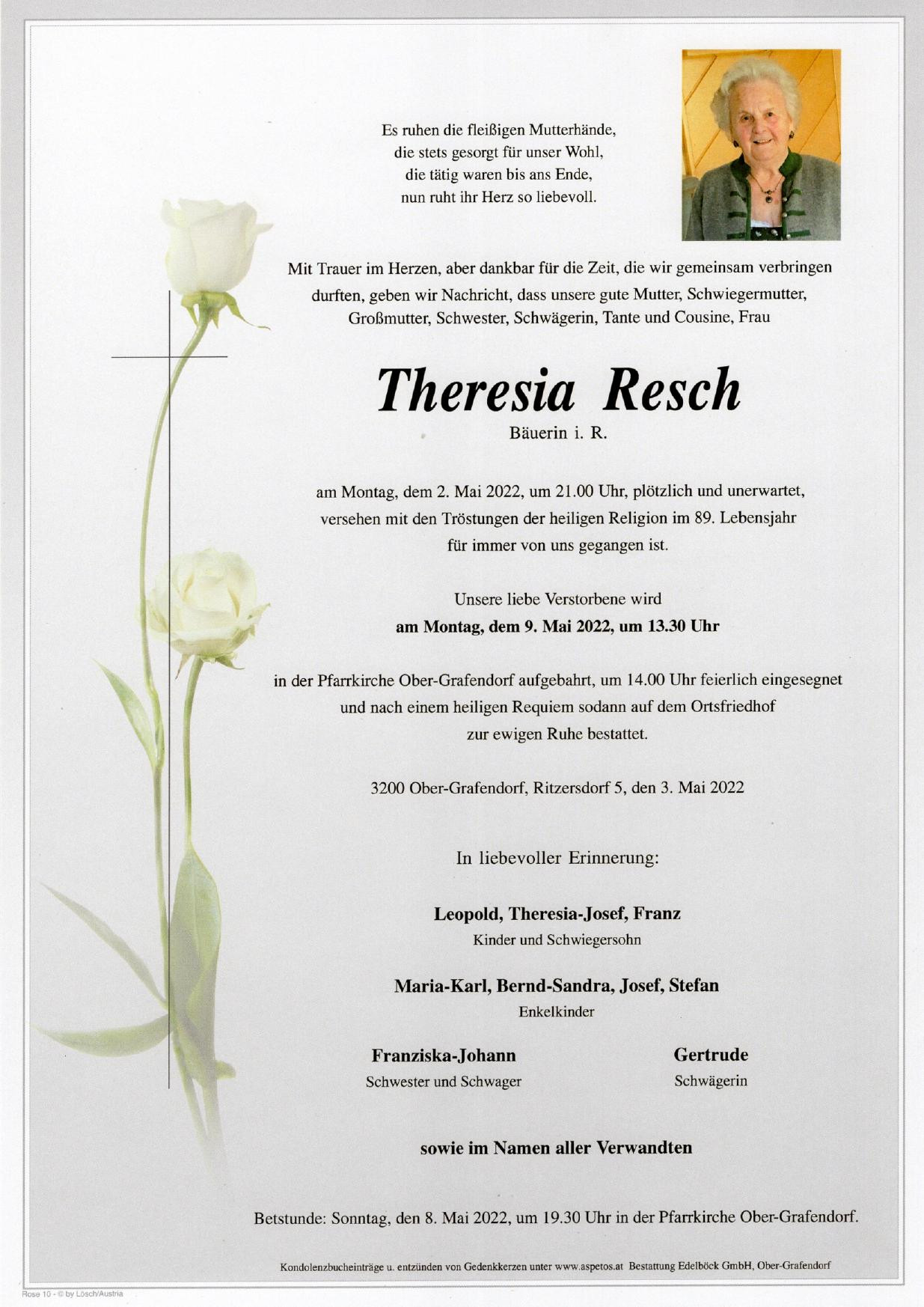 Traueranzeige von Theresia Resch
