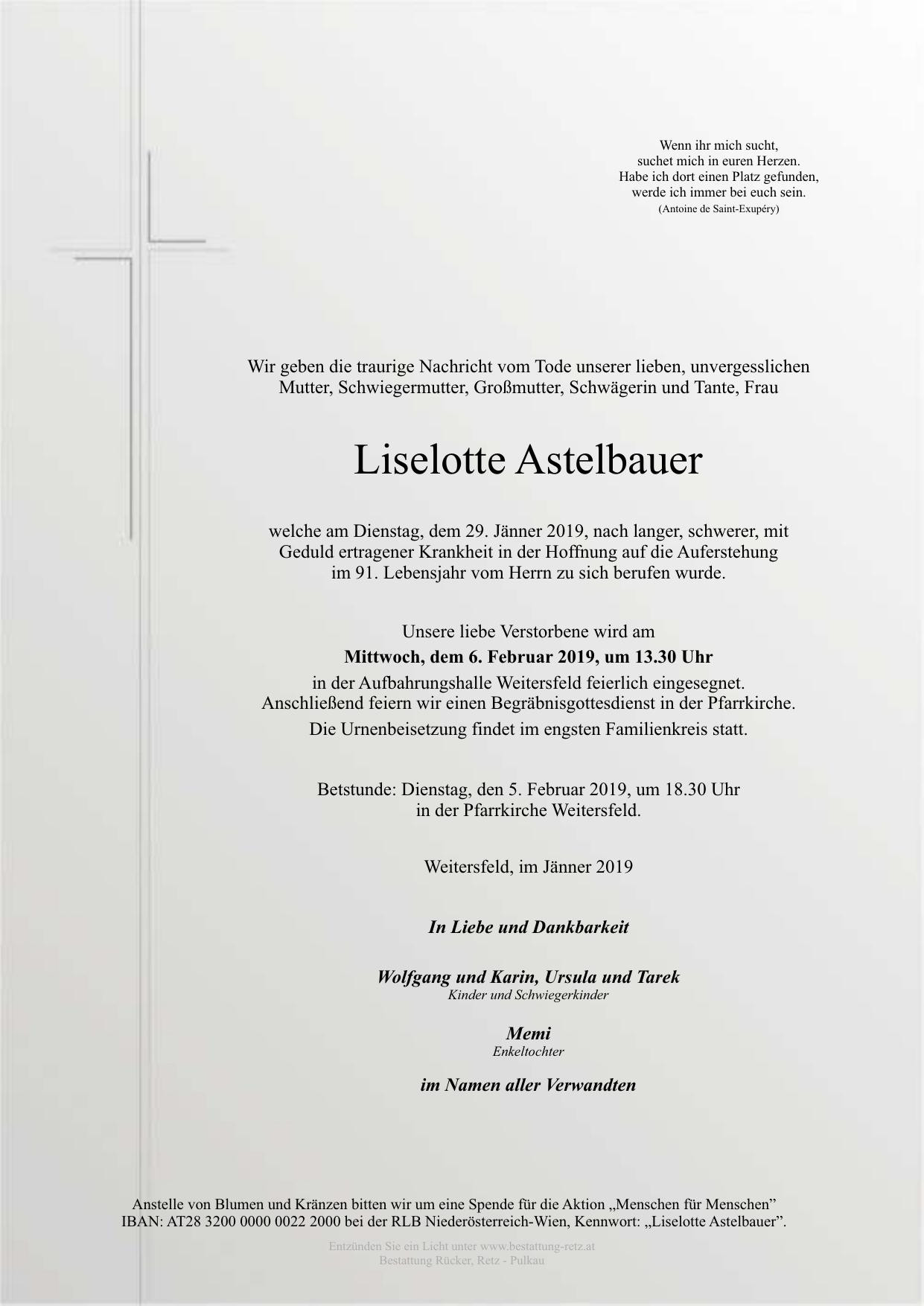 Traueranzeige von Liselotte Astelbauer