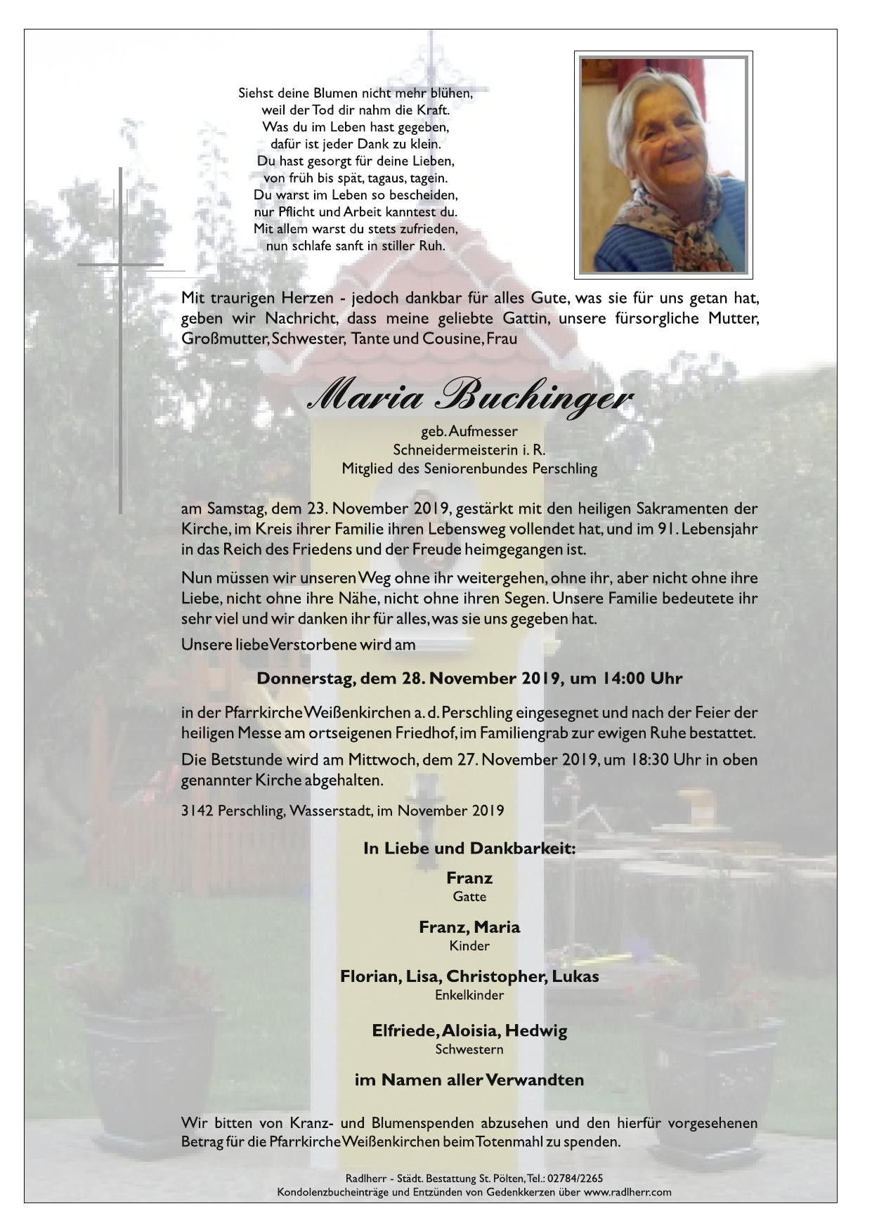 Traueranzeige von Maria Buchinger