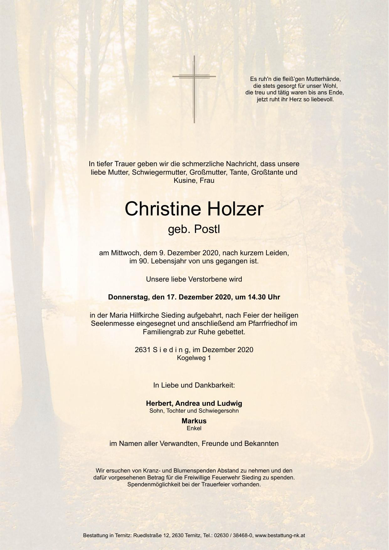 Traueranzeige von Christine Holzer