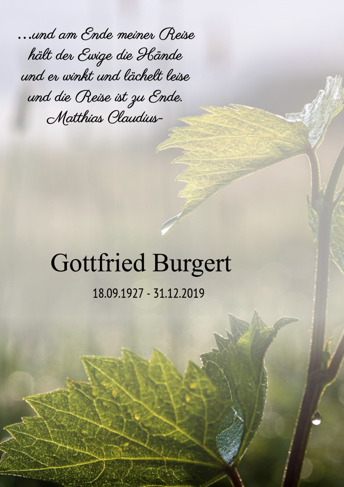 Traueranzeige von Gottfried Burgert