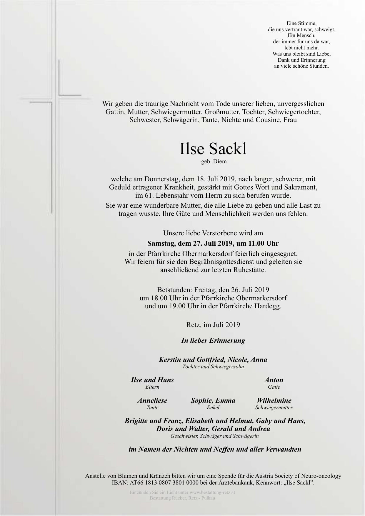 Traueranzeige von Ilse Sackl