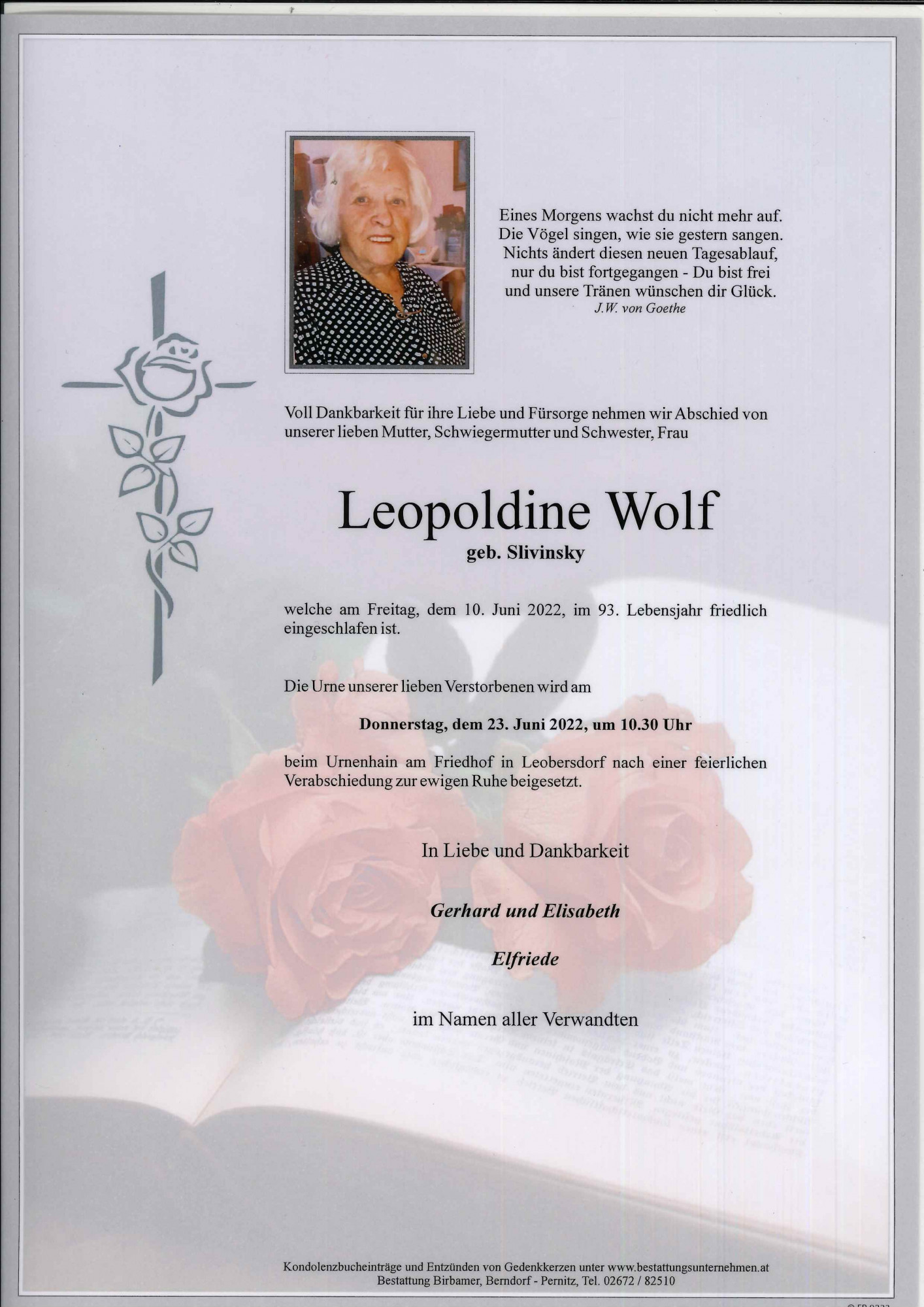 Traueranzeige von Leopoldine Wolf
