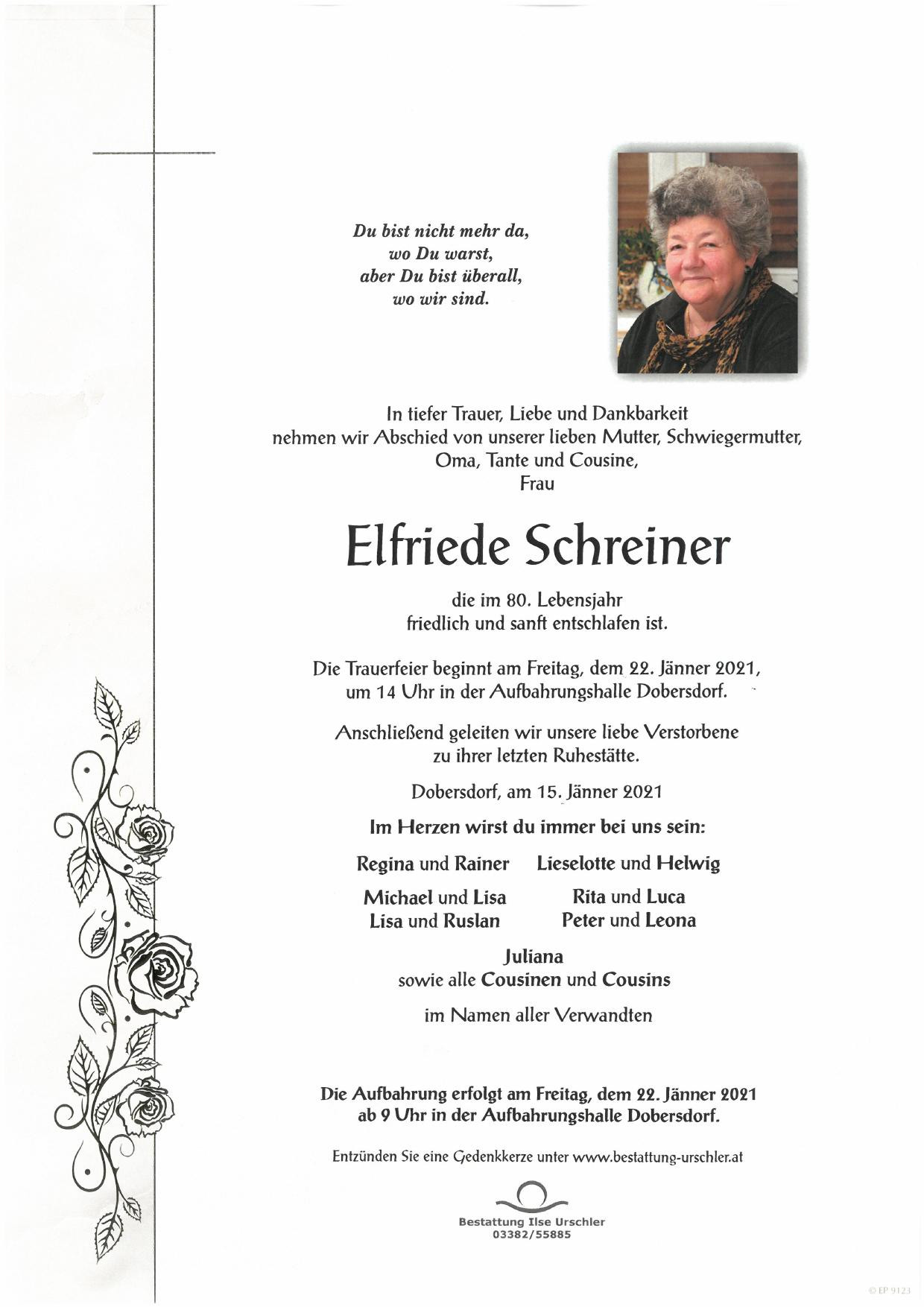 Traueranzeige von Elfriede Schreiner