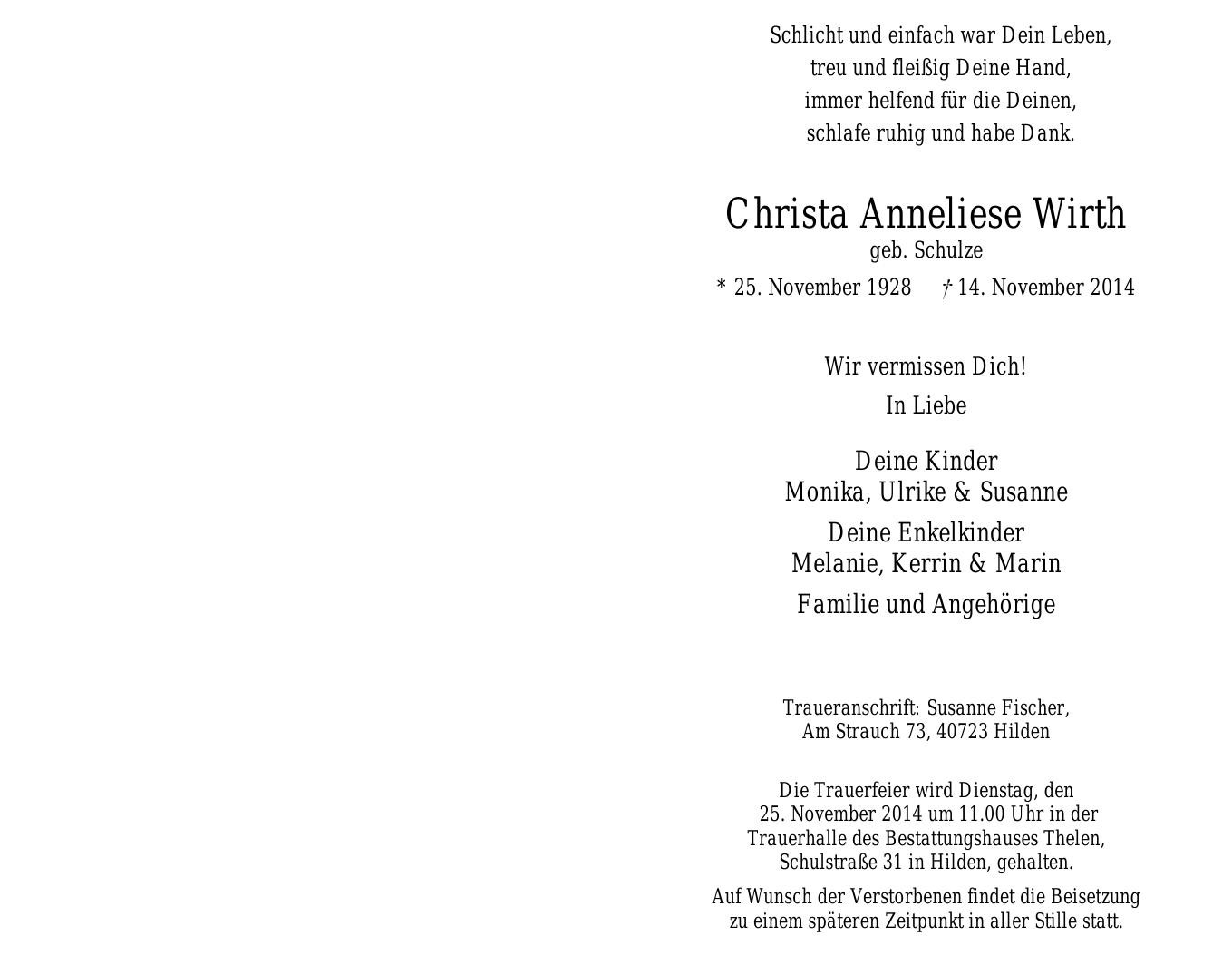 Traueranzeige von Christa Wirth