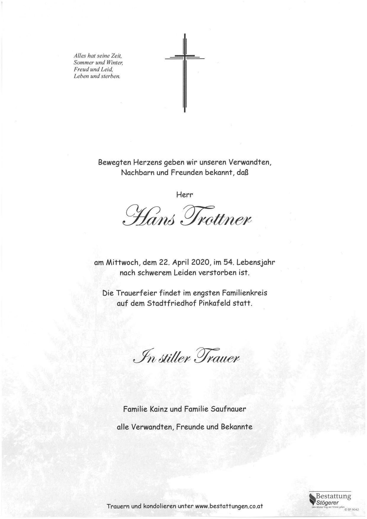 Traueranzeige von Hans Trottner