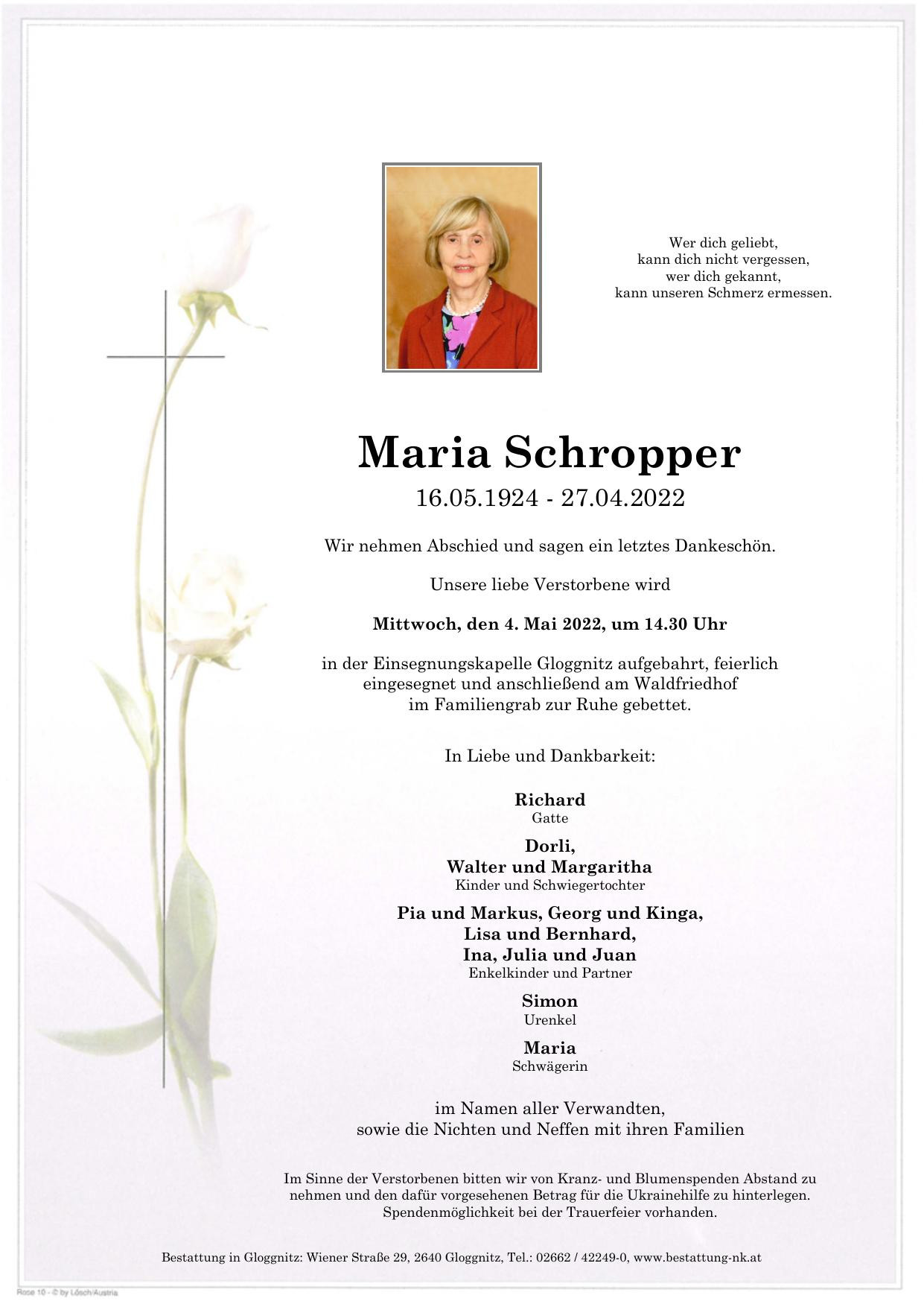 Traueranzeige von Maria Schropper